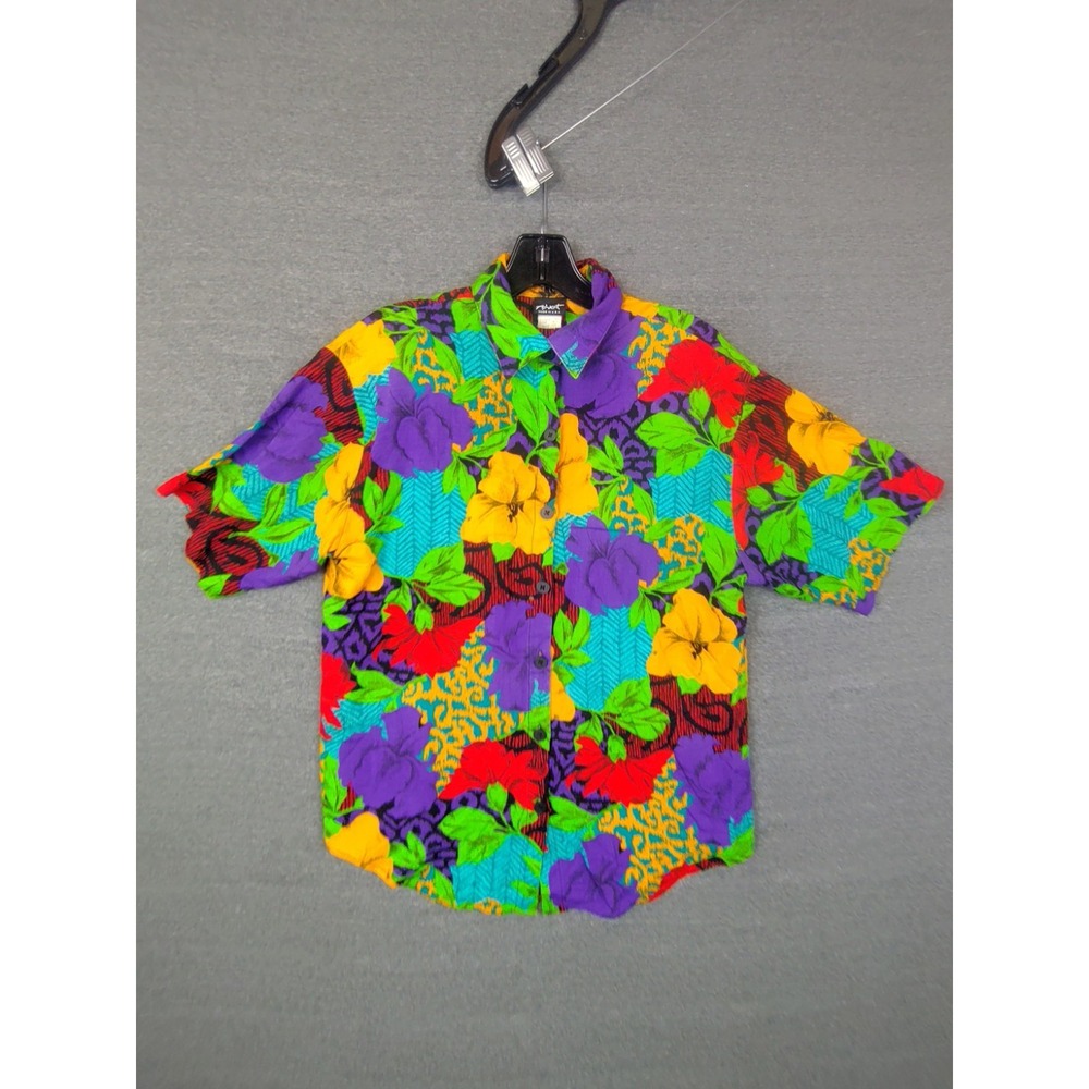 Advent Womens Shirt‎ 10 Multi Floral Button Hawaiian Rayon 80s Vintage Camp